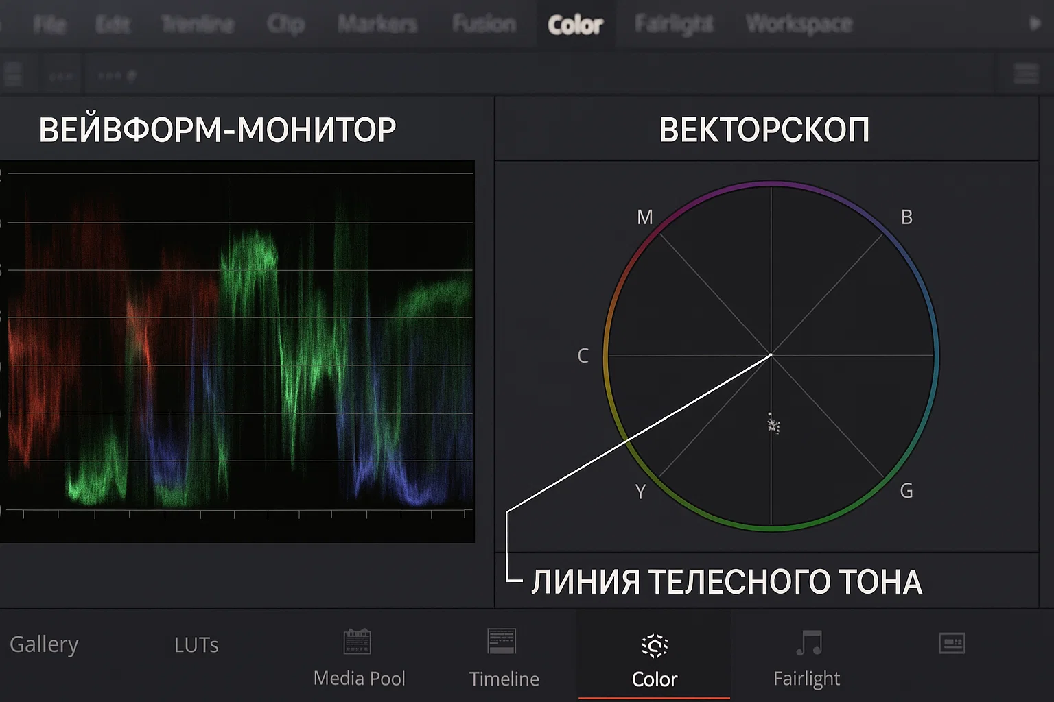 Снимок из DaVinci Resolve: волновой монитор слева, векторскоп справа, основные зоны интереса выделены.